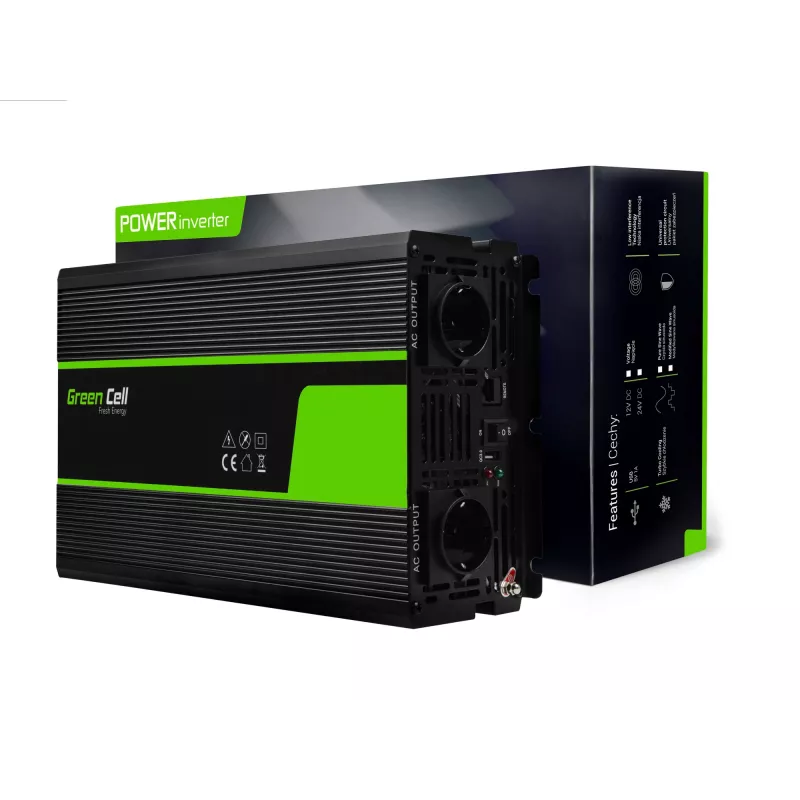 Automobilinis maitinimo keitiklis Green Cell INV22 — 1500 W, 12 V DC į 230 V AC, 50 Hz, LED, aktyvus aušinimas, juodas