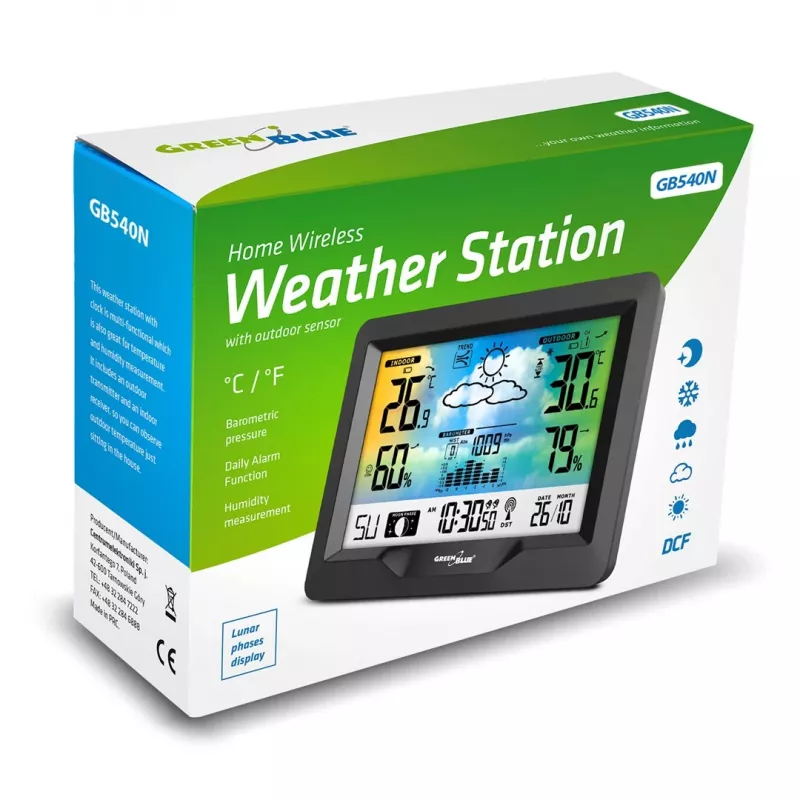 Belaidė orų stotelė GreenBlue GB540N — patalpų ir lauko temperatūros bei drėgmės stebėjimas