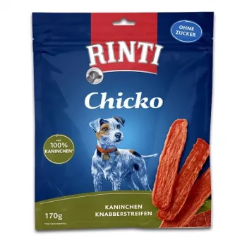Šunų skanėstai RINTI Chicko Rabbit 170 g — hipoalerginiai, triušienos skonio dresavimo skanėstai, baltymai 53%, riebalai 8%