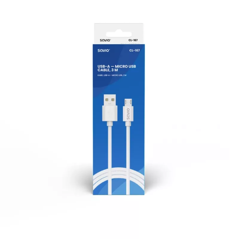 Savio USB 2.0 USB A - Micro USB White CL-167 3 m laidas