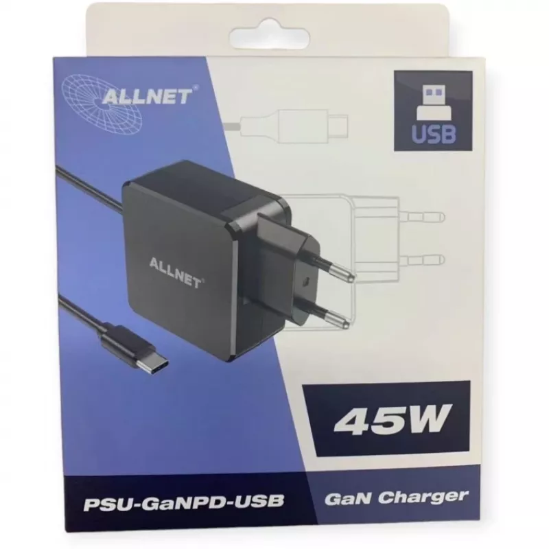 Maitinimo blokas ALLNET PSU-GaNPD-USB-F1C-45W 45W USB-C PD įkroviklis su 2 m kabeliu ir EU kištuku
