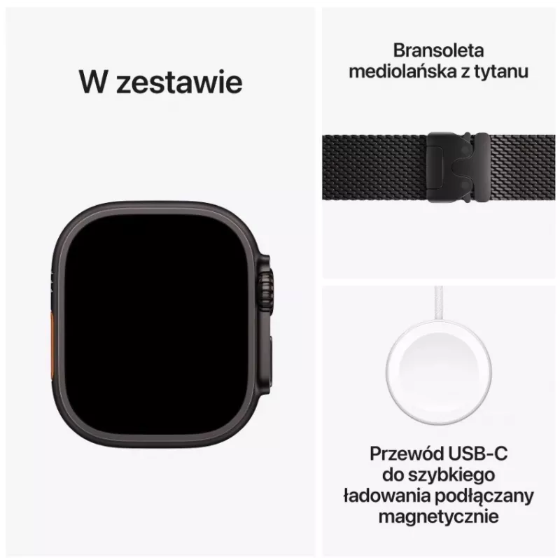 Išmanusis laikrodis „Apple Watch Ultra 3“ GPS + Cellular 49 mm juodo titano korpusas su juodo titano „Milanese“ apyranke (vidutinė)