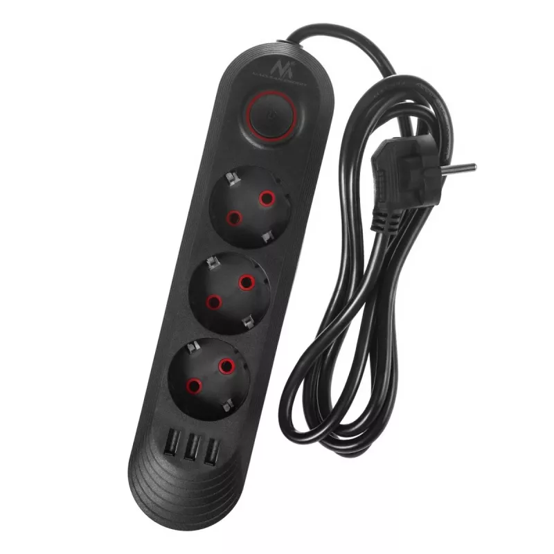 Maitinimo lizdų blokas MACLEAN MCE394 B — 3 lizdai + 3×USB A, 110–240V, 2,1A USB, 2500W, 1,5 m laidas, juodas