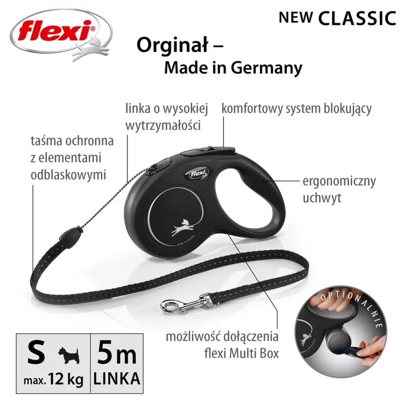 Flexi New CLASSIC 5 m juodas šunų ištraukiamas pavadėlis
