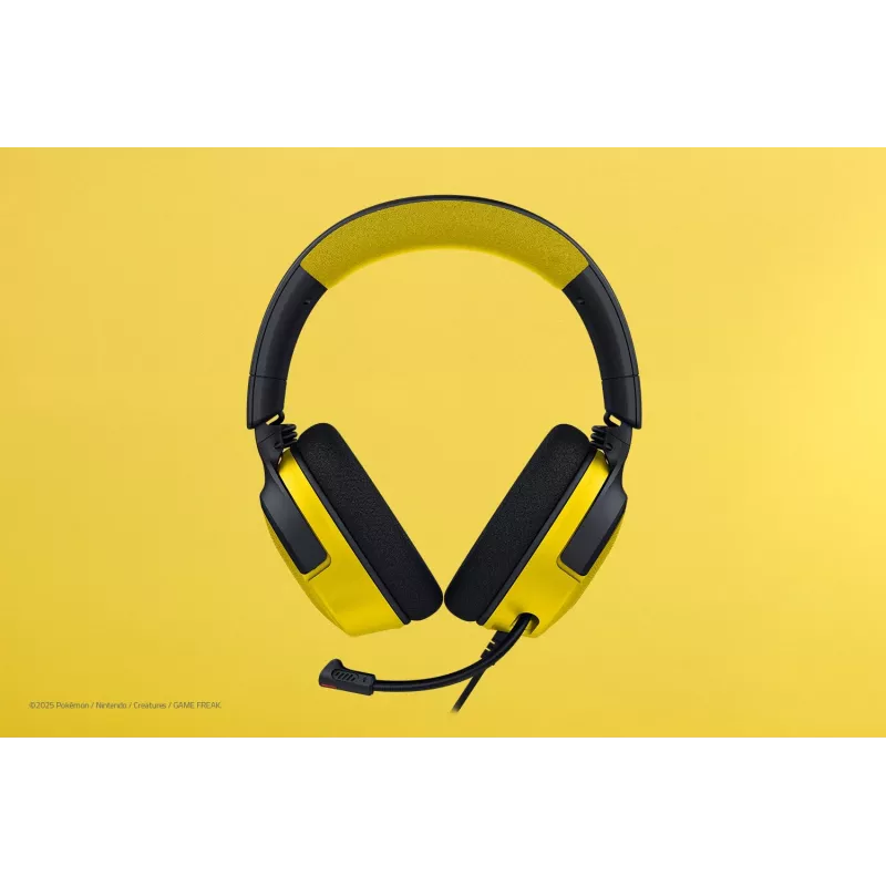Ausinės Razer Kraken V4 X Pokemon — laidinės USB-C/USB-A, supraauralinės, 20–20000 Hz, 1,8 m laidas, 310 g, juoda/geltona