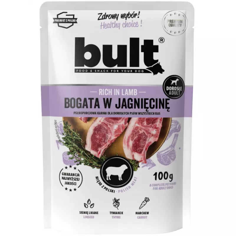 Šlapias šunų maistas BULT Rich in lamb 100 g maišelis – pilnavertis pašaras suaugusiems šunims, 75% drėgmės, 12% baltymų, be grūdų