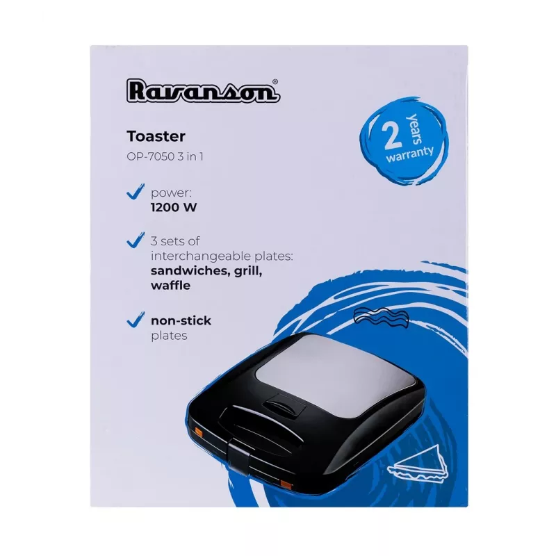 Vaflių keptuvė Ravanson OP-7050, 1200 W, 4 vafliai, nelimpančios plokštės, horizontalus/vertikalus laikymas