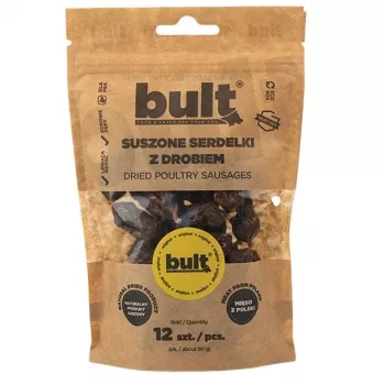 Džiovintos paukštienos dešrelės šunims BULT 12 — paukštienos skonio dresūros skanėstai, pakuotė 12 vnt., 80 g, baltymai 41,1 %, riebalai 32,4 %