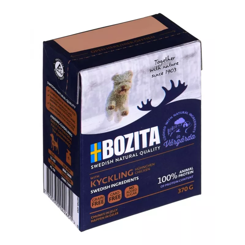 Šlapias šunų maistas BOZITA SU VIŠTIENA — Gabalėliai drebučiuose, 370 g, suaugusiems šunims, be glitimo ir sojos