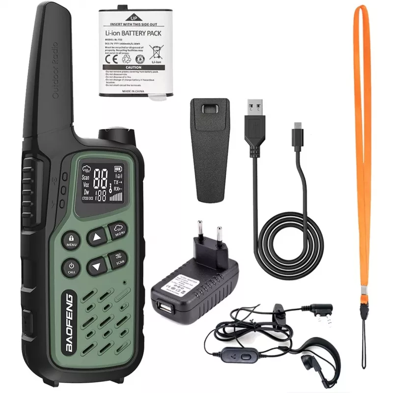 Nešiojama racija Baofeng BF-T25E — 16 kanalų, 2×1400 mAh Li‑Ion, VOX, LCD, žalia, 2 vnt. rinkinys