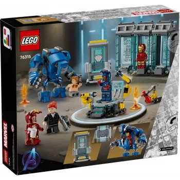 LEGO rinkinys „Marvel Iron Man's Laboratory Hall of Armor 76315“ — 384 detalės, 5 minifigūrėlės, ekspozicijos vieta