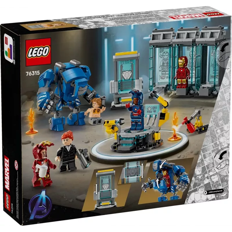 LEGO rinkinys „Marvel Iron Man's Laboratory Hall of Armor 76315“ — 384 detalės, 5 minifigūrėlės, ekspozicijos vieta