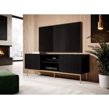 TV spintelė Cama PAFOS ant auksinio plieninio rėmo 150x40x60 cm matinė juoda, medžio drožlių plokštės viršus