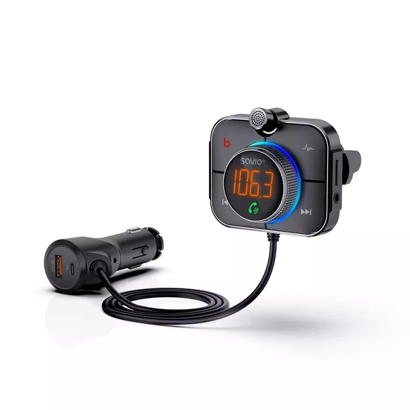 FM siųstuvas SAVIO TR-14 Bluetooth USB, FM 87,6–107,9 MHz, MicroSD, USB-C, 12 V automobilio maitinimas