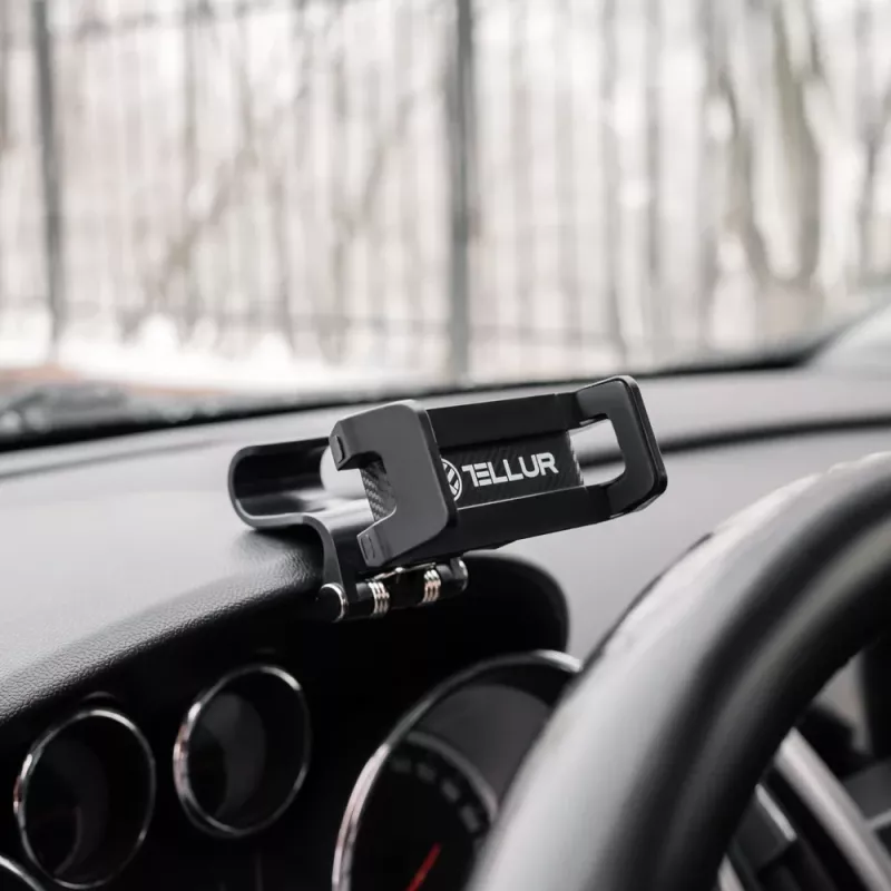 Telefono laikiklis Tellur TLL171261 — universalus kompaktiškas reguliuojamo kampo automobilinis ir stalo laikiklis, juodas