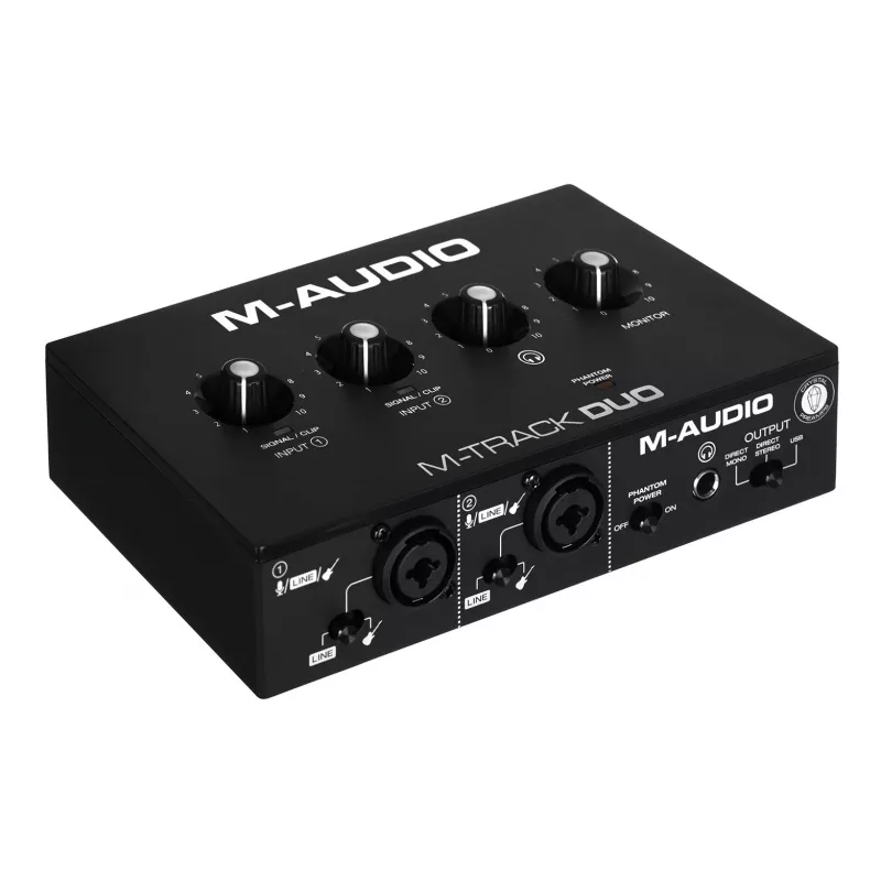 Garso sąsaja M-Audio M-Track Duo — USB 2 į/2 iš, 16 bitų/48 kHz, 1x XLR/TS kombinuotas, 1x instrumento įvestis, fantominis 48 V