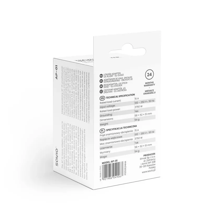 SAVIO AP-01 kelioninis adapteris, JAV lizdas – ES kištukas