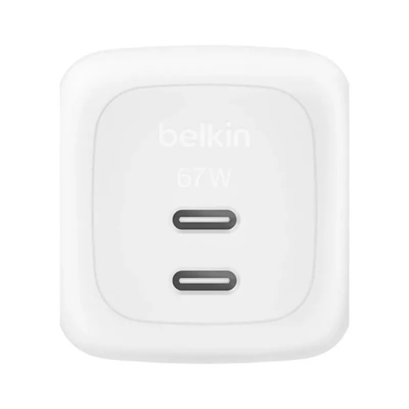 Vidinis kintamosios srovės greitasis įkroviklis Belkin WCH020KQWH — 2× USB‑C, baltas, integruota apsauga