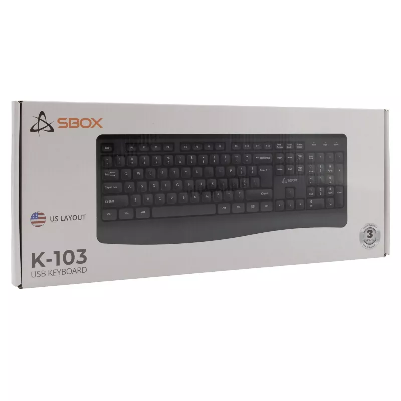 Laidinė USB klaviatūra SBOX K-103 US juoda — US išdėstymas, USB ryšys