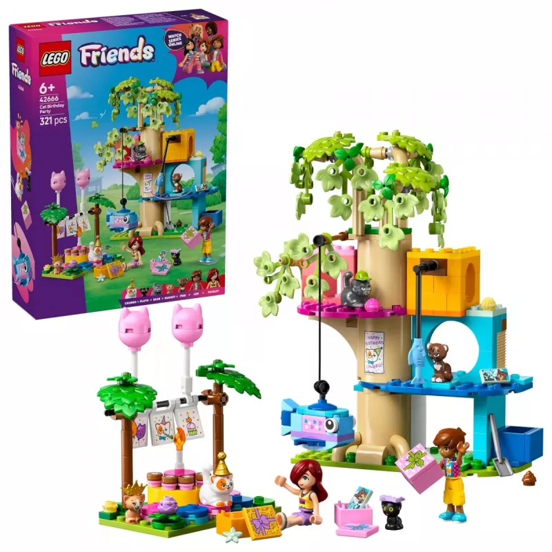 Konstruktorius LEGO Friends 42666 Katės gimtadienio medžių namelis, 321 vnt., 6+ m., 180×160×100 mm