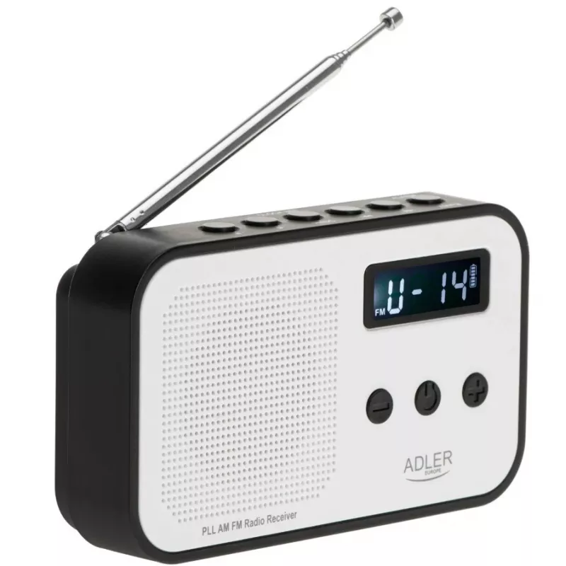 Nešiojamasis skaitmeninis radijas Adler AD 1907 — AM/FM, skaitmeninis imtuvas, žadintuvas, USB-C, 600 mAh baterija, LCD, 20 išsaugotų stočių, teleskopinė antena