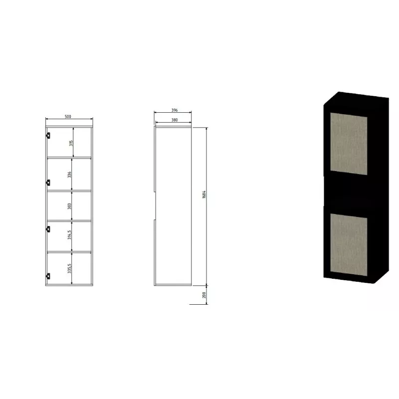 Spintelė cama meble JUTA 50×39,5×190 cm, pastatoma prie sienos, juoda su linol calabria apdaila