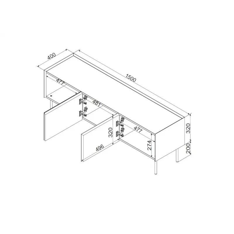 Cama FELLINI TV spintelė 150x40x52 alyvuogių + alyvuoto ąžuolo stalviršis