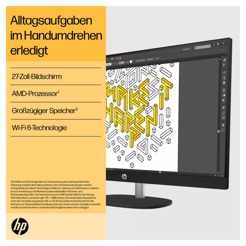 HP 27-cr0471ng - Viskas viename (Pilnas sprendimas) - Ryzen 7 7730U - RAM 16 GB - SSD 512 GB - NVMe - Radeon Graphics - 1GbE, Wi-Fi 6, Bluetooth - WLAN: 802.11a/b/g/n/ac/ax, Bluetooth