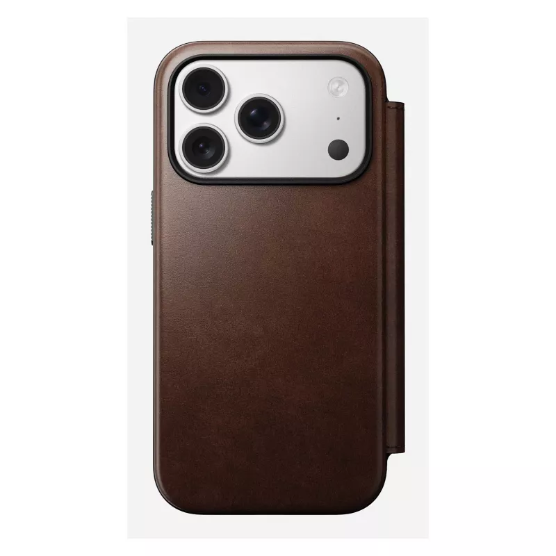 Mobiliojo telefono dėklas Nomad Modern Leather Folio, skirtas iPhone 17 Pro, oda/aliuminis, 16 cm (6,3 colio) rudas, 4 kortelių skyreliai