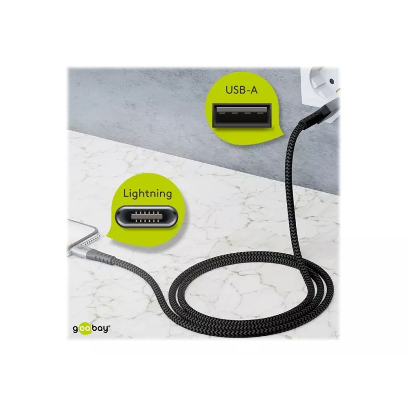 USB-A į Lightning kabelis GOOBAY 2 m, medžiaginis apvalkalas, 3,3 mm skersmuo, tamsiai pilka / sidabrinė