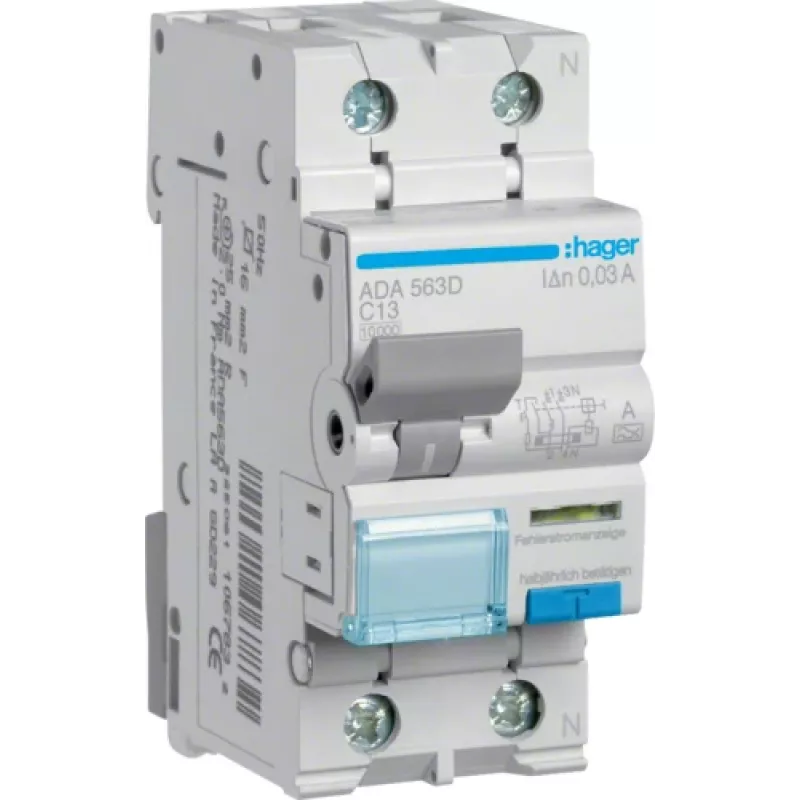Hager RCBO jungiklis 1P+N 10kA C-13A 30mA ADA563D (ADA563D)