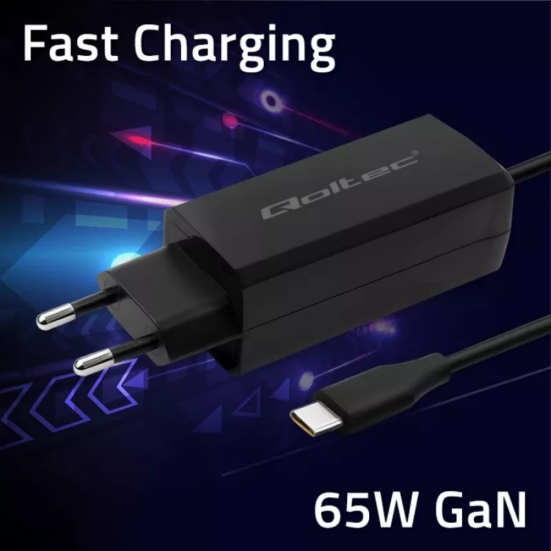 GaN nešiojamojo kompiuterio įkroviklis QOLTEC 52419 65 W USB-C PD 5V/20V 3A/3,25A, 220–240 V, 1,8 m laidas, juodas