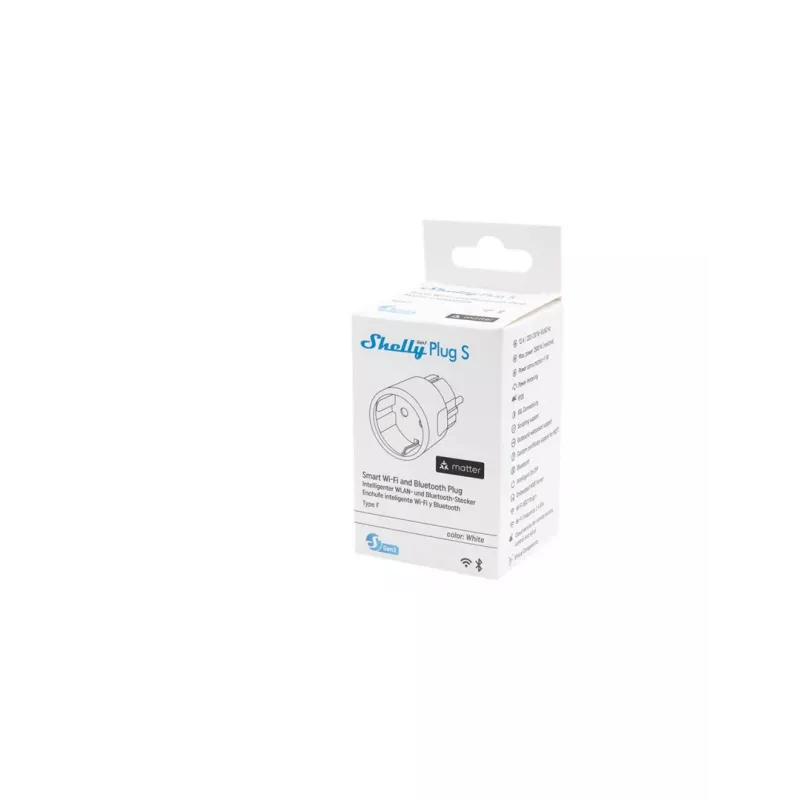 Išmanusis lizdas Shelly Plug S Gen3 — „Wi‑Fi“ išmanusis lizdas su energijos stebėjimu, F tipas, 110–230 V, 2500 W, baltas