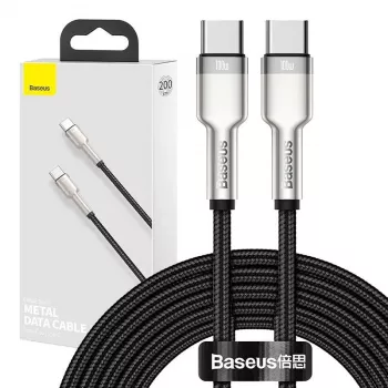 USB‑C į USB‑C kabelis Baseus Cafule Metal — 2 m, 100W įkrovimas, USB 2.0 (480 Mbps), cinkuoti kontaktai, juodas