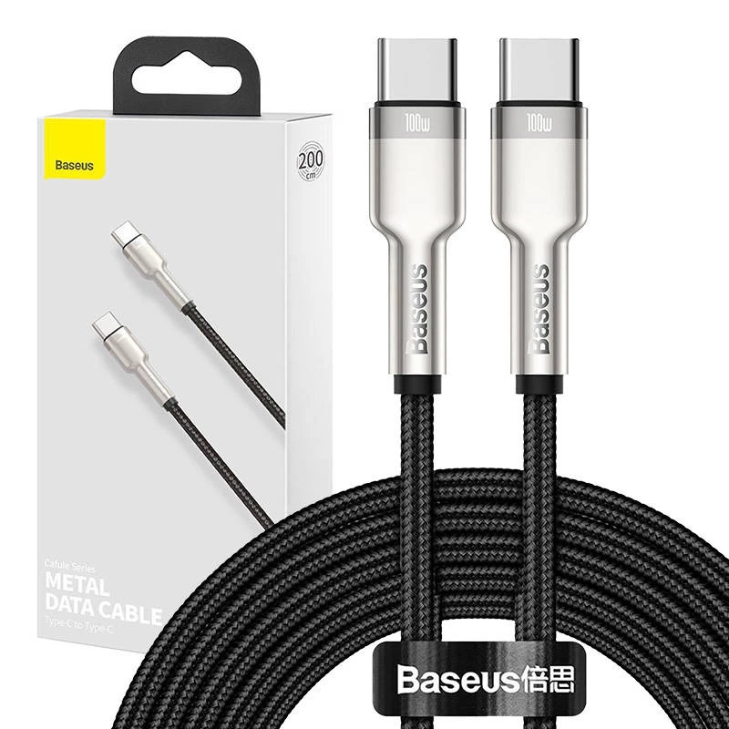 USB‑C į USB‑C kabelis Baseus Cafule Metal — 2 m, 100W įkrovimas, USB 2.0 (480 Mbps), cinkuoti kontaktai, juodas