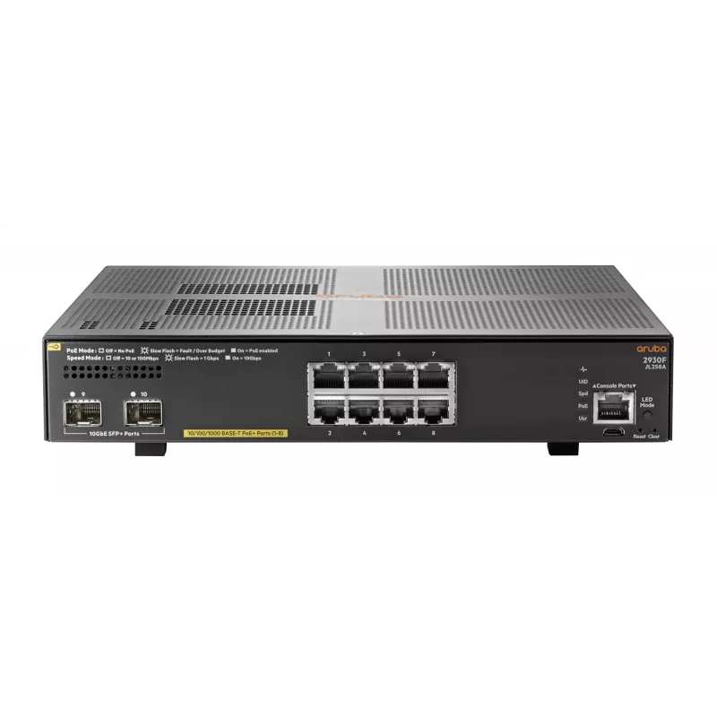 Hewlett Packard Enterprise HPE Aruba 2930F 8G PoE+ 2SFP+ - Switch - L3 - valdomas - 8 x 10/100/1000 (PoE+) + 2 x 1 Gigabit/10 Gigabit SFP+ (aukštyn) - montuojamas į stelažą - PoE+ (125