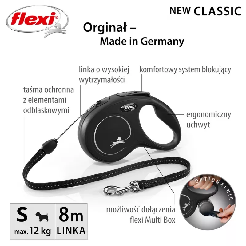 Flexi nauja CLASSIC 8 m juodas ištraukiamas pavadėlis šunims