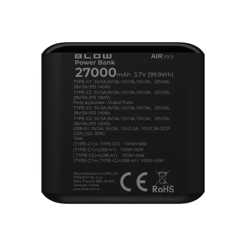 Power bank BLOW AIR99.9 27000mAh PD 140W LCD — 2× USB‑C, 1× USB‑A, 27000 mAh, 140 W bendra galia