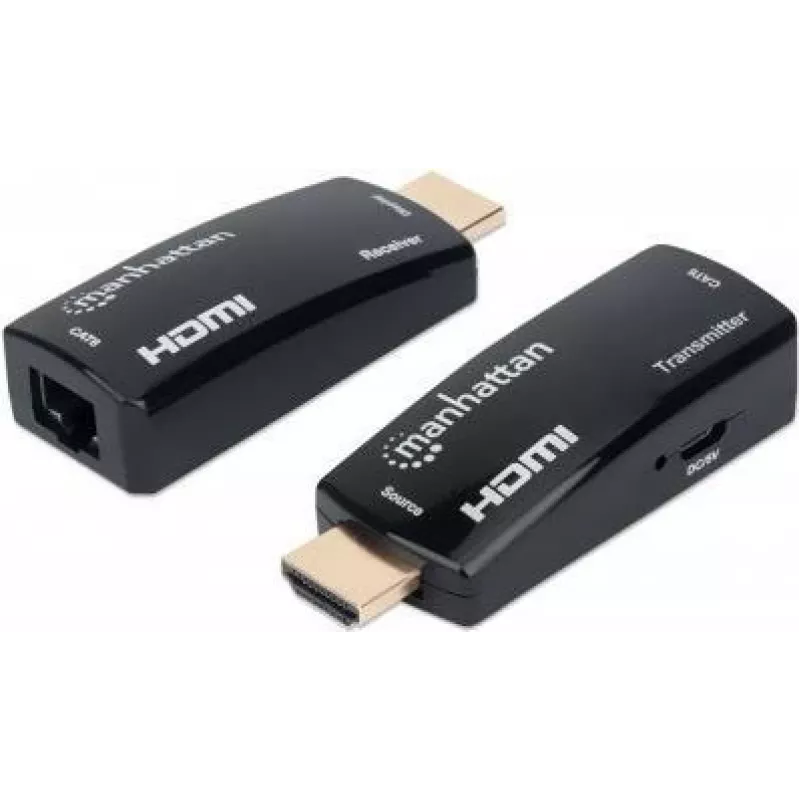 Manhattan 1080p@60Hz kompaktiškas HDMI per Ethernet plėtiklio rinkinys, prailgina signalo atstumą iki 60 m naudojant vieną Cat6 Ethernet kabelį, siųstuvas ir imtuvas komplekte, maitinimas per kabelį, itin plonas dizainas, trejų metų garantija, juodas