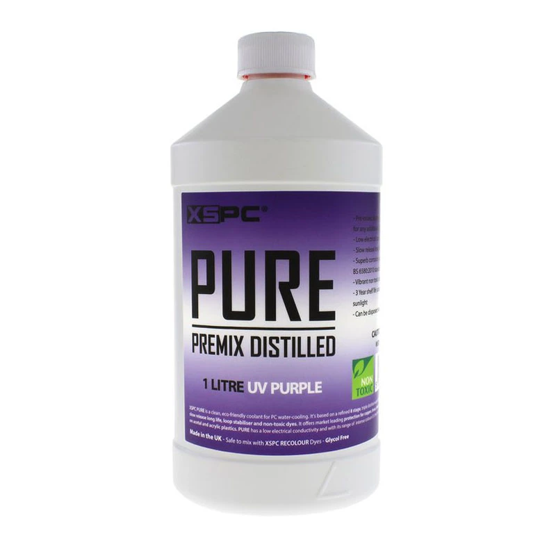 Skystas aušinimo skystis XSPC Pure Coolant 1 L — violetinis, reaguojantis į UV spindulius