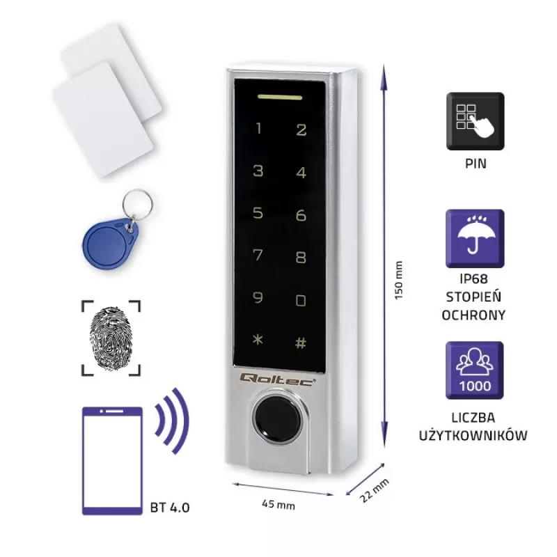 Qoltec 52448 kodinis užraktas TITAN su pirštų atspaudų skaitytuvu | RFID | BT 4.0 | Kodas | Kortelė | raktų pakabukas | durų skambutis | IP68 | EM