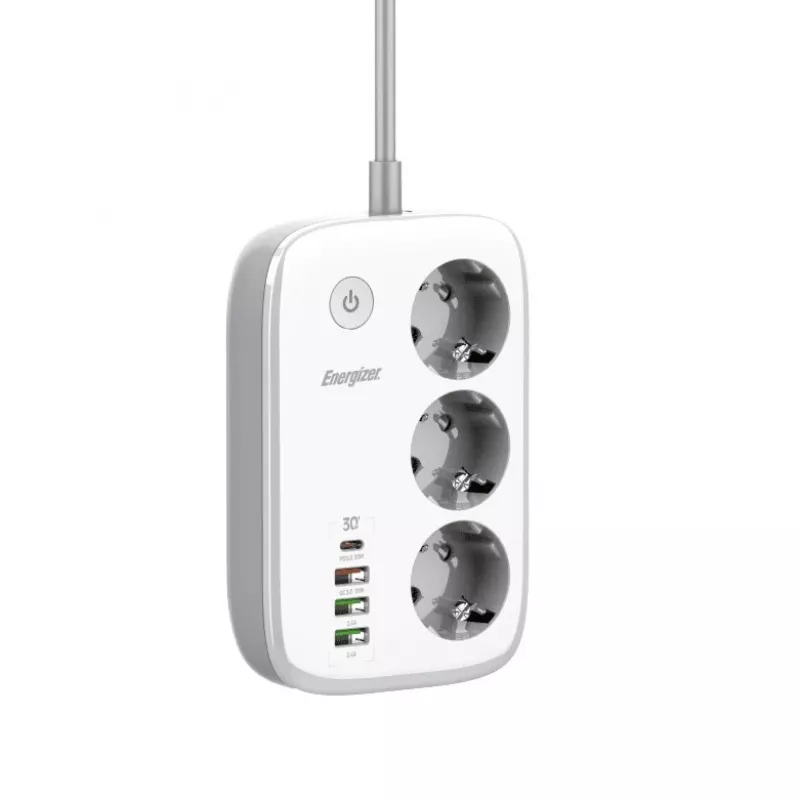 Maitinimo ilgintuvas Energizer EPB2500W02EU — 3 kintamosios srovės lizdai, 2 m laidas, 2500 W, vidaus, baltas