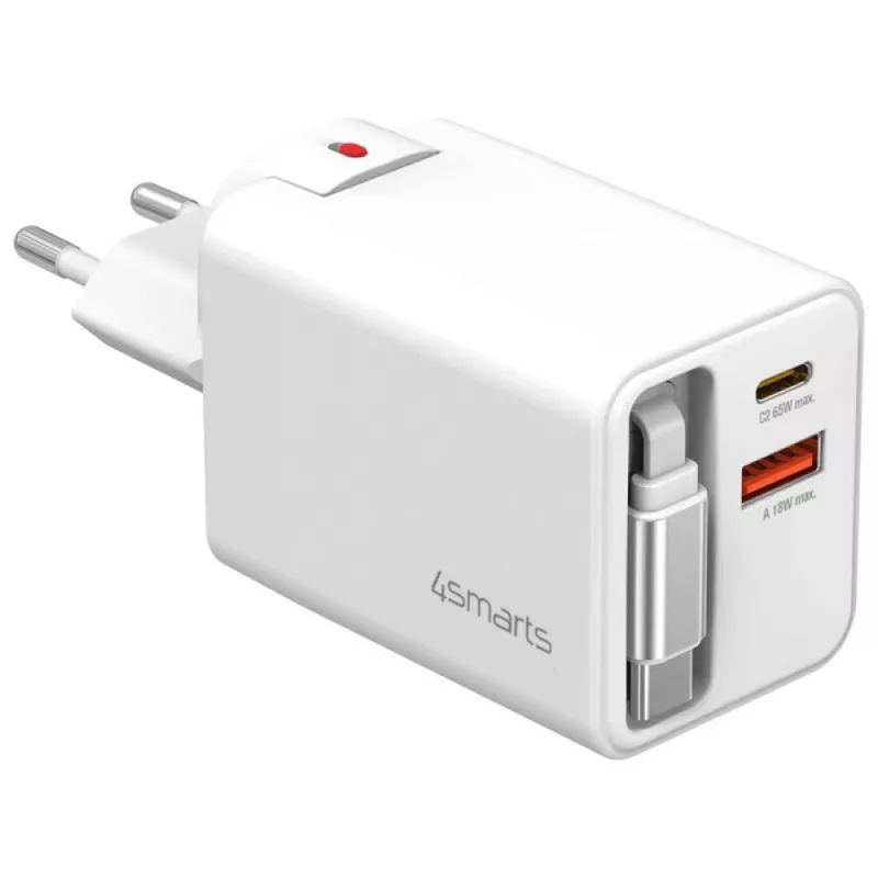 Vidinis USB-C/USB-A greitasis įkroviklis 4smarts 541065 — Universalus AC 100–240 V, maks. 20 V, 0,7 m laidas, baltas