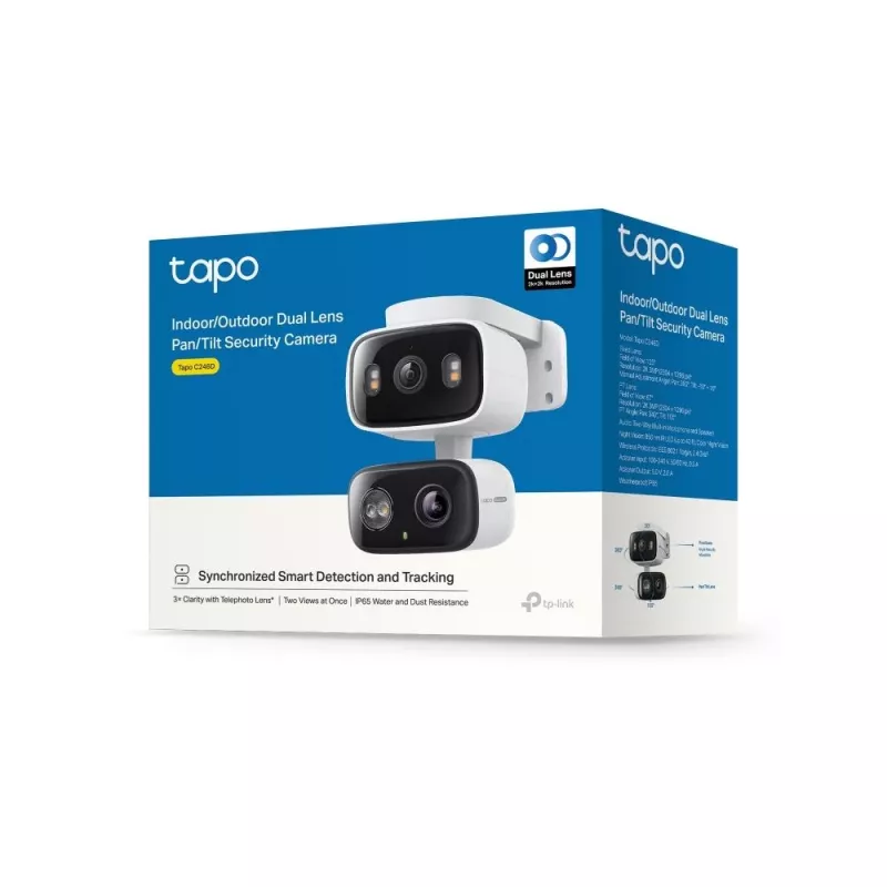IP apsaugos kamera TP‑LINK Tapo C246D — 3MP (2304×1296), 2,8 mm, 107,8° matymo laukas, PTZ dviejų objektyvų, IP65, Wi‑Fi/Gigabit, microSD iki 512 GB
