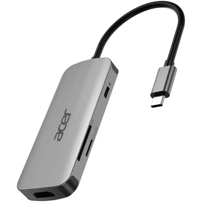 7‑in‑1 USB‑C Dongle Acer — USB 3.2 Gen 1 Type‑C, 3x USB‑A, HDMI, SD/MicroSD, 100 W PD, sidabrinis