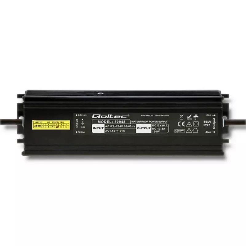 LED perjungiamasis maitinimo šaltinis QOLTEC 50948 150W 12V 12,5A, atsparus vandeniui