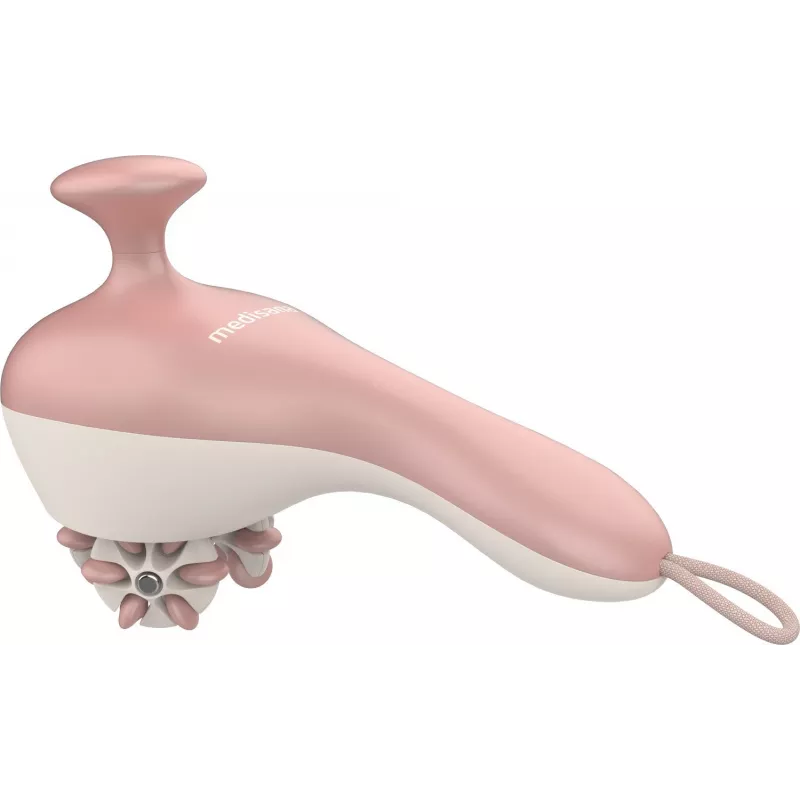 Rankinis riedėjimo masažuoklis Medisana AC 950 — belaidis Li‑Ion, 2 galios lygiai, ergonomiškos rankenos, 381 g, rožinis auksas/baltas