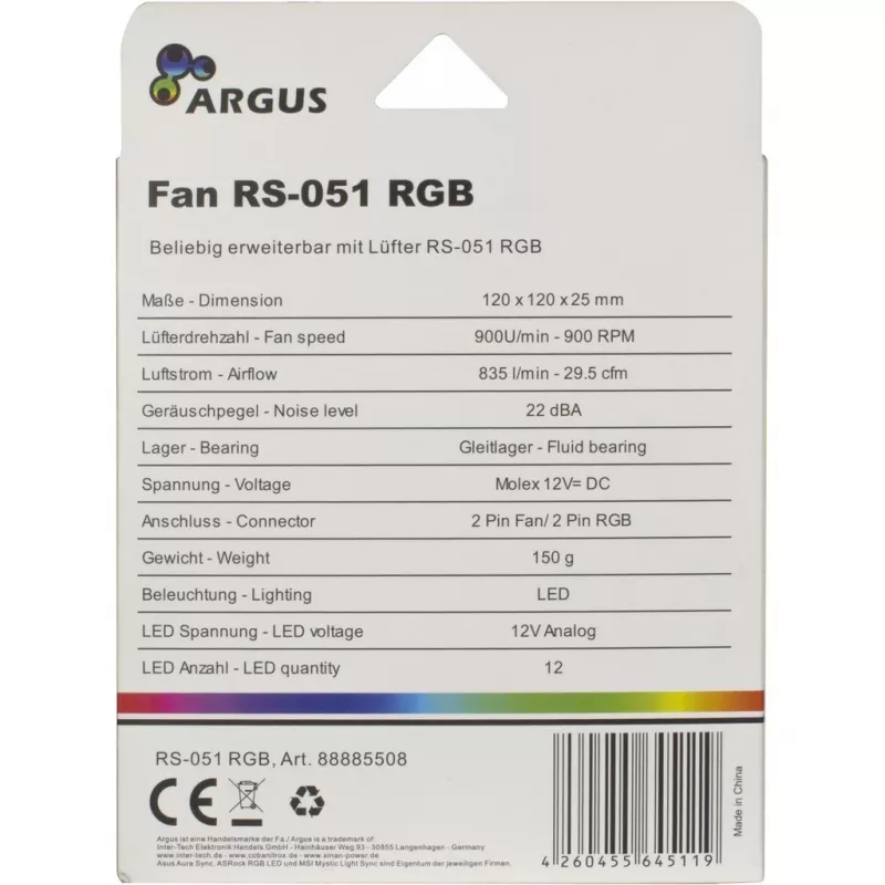 INTER-TECH Argus RS-051 ARGB 120mm korpuso ventiliatorius - juodas