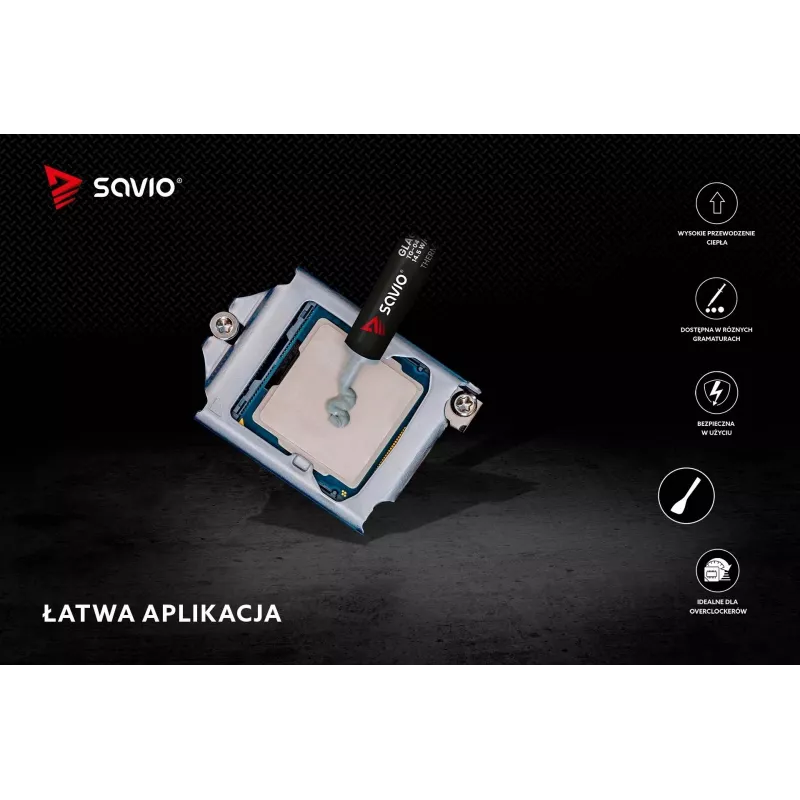 Termopasta SAVIO TG-04 4 g — šilumos laidumas 14,5 W/m·K, darbinė temperatūra nuo -250 iki 300 °C, pilka