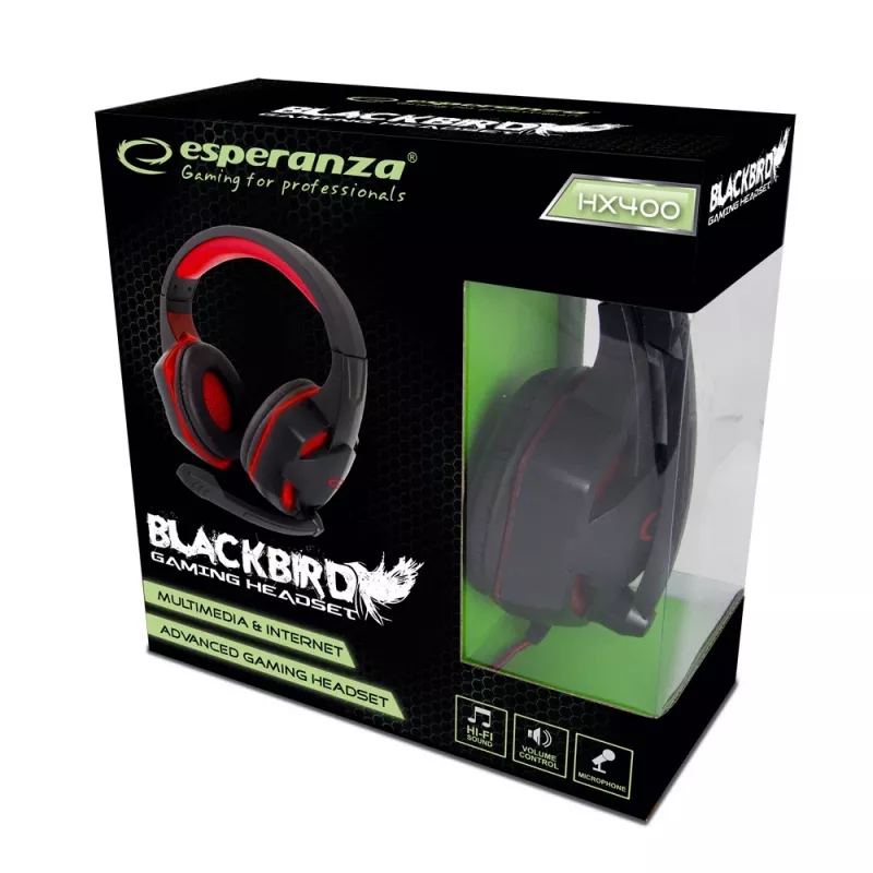 Žaidimų ausinės ESPERANZA BLACKBIRD, mikrofonas, USB/Jack 3,5 mm, juoda/raudona
